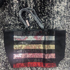 NWT Victoria's Secret Tote Bag and Mini Pouch Bag Black Bling Sequins Confetti